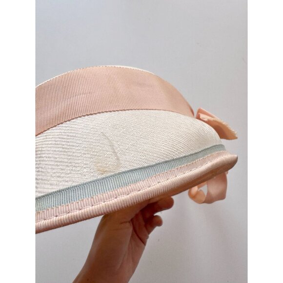 Vintage Ivory Straw Weave Pale Pink Grosgrain Ribbon Faux Flower Cloche Hat - Picture 11 of 16